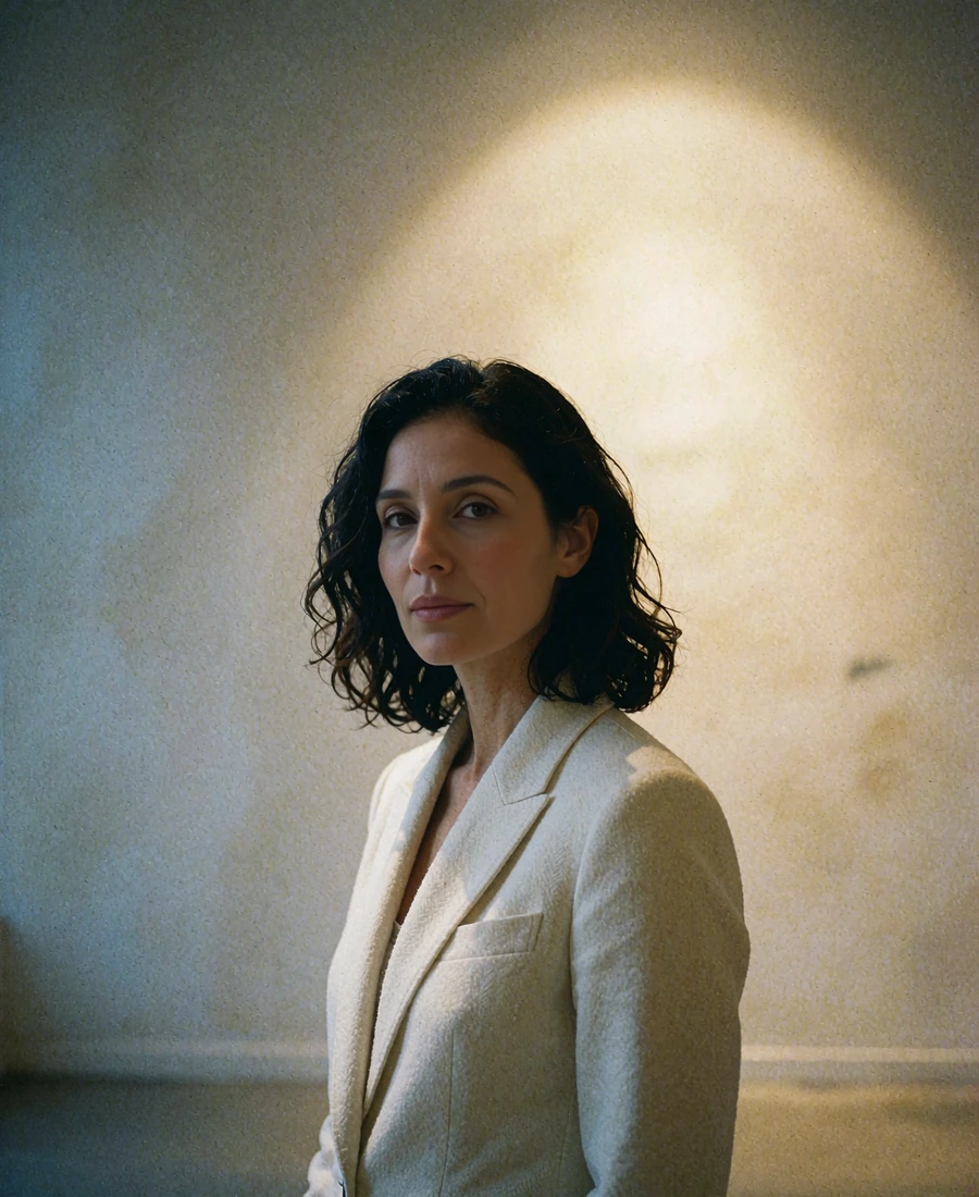 Refined woman in a tailored ivory blazer in a dimly lit New York gallery interior - illustrative demonstration profile