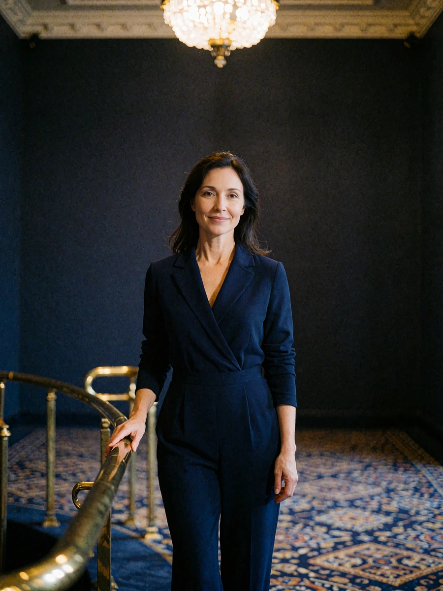 Graceful woman in a midnight-blue jumpsuit standing in an empty theatre foyer, illustrative member profile photo