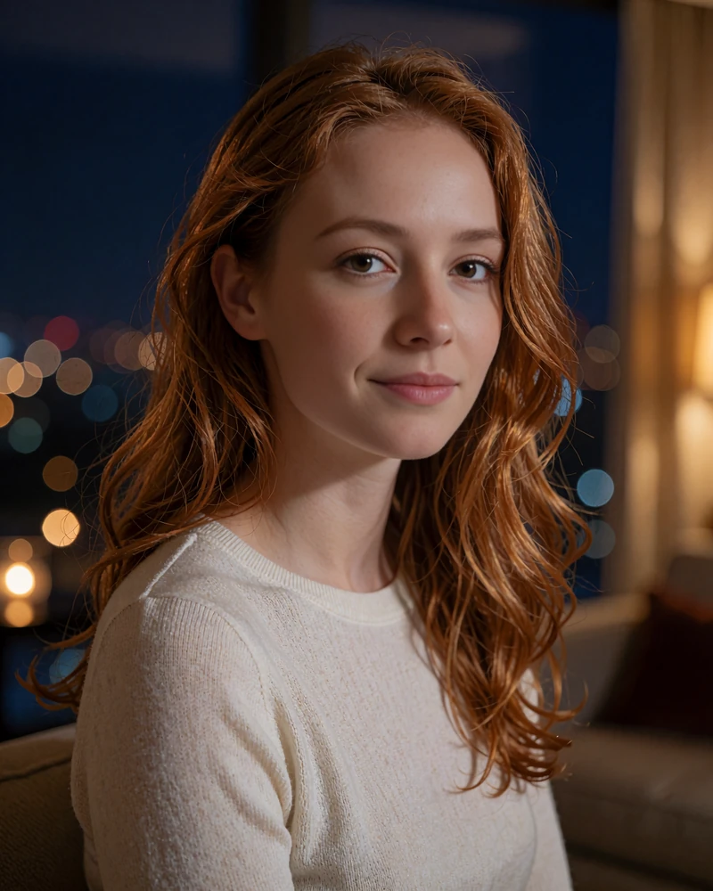 Young woman with long auburn waves in an ivory knit top in a warmly lit Las Vegas hotel lounge - demonstration profile photo