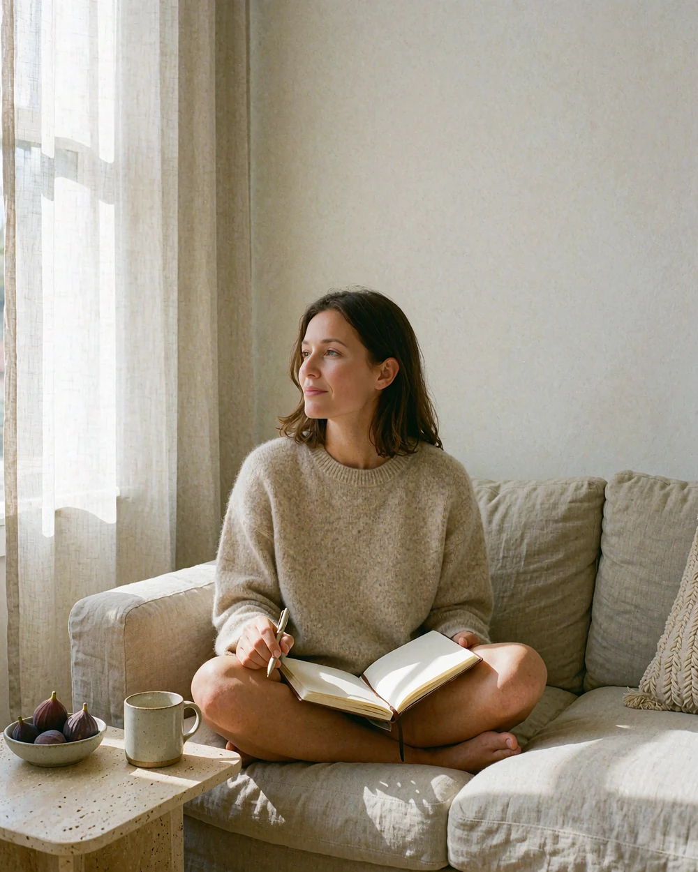 Thoughtful woman in a cashmere sweater journaling in a sunlit armchair with a ceramic mug nearby, a calm reflective morning ritual