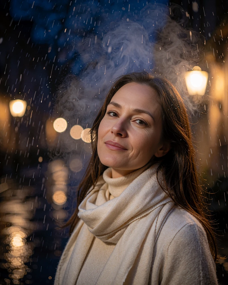 Woman with long brunette hair and a wool scarf on a rainy Portland street at night - demonstration profile photo