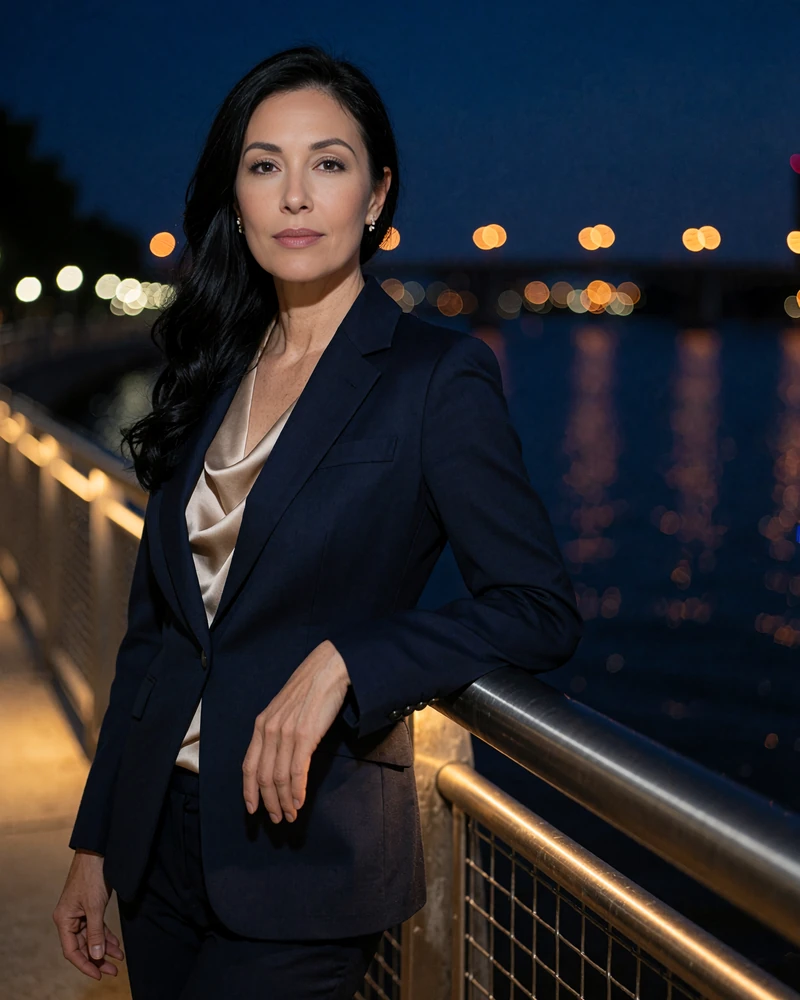 Confident dark-haired woman in a navy blazer beside a railing on the Columbus riverfront at night - demonstration profile photo