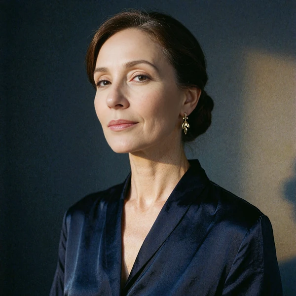 Portrait of an elegant woman with a smooth updo and gold ear studs, representing an illustrative community voice