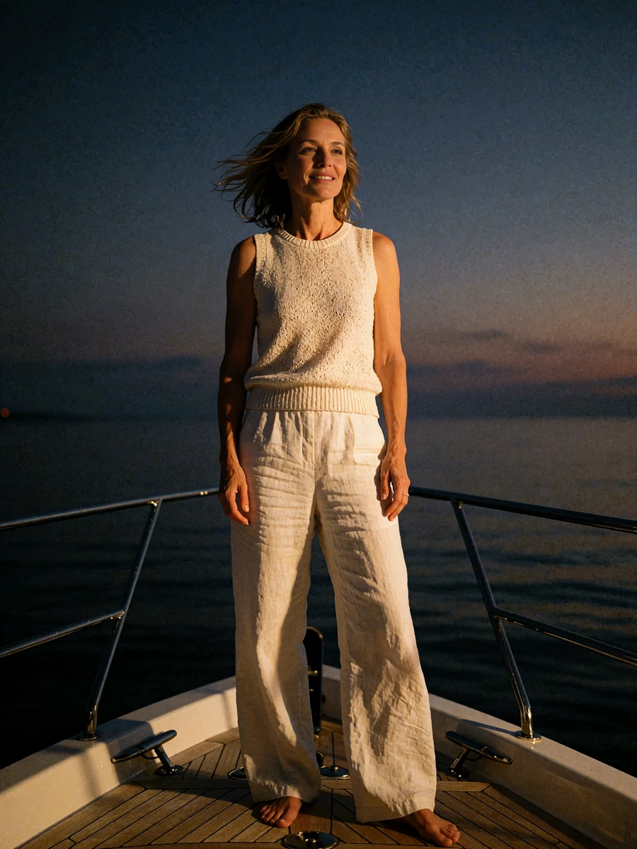 Relaxed woman in cream linen standing at the rail of a private yacht deck at dusk - illustrative member profile photo