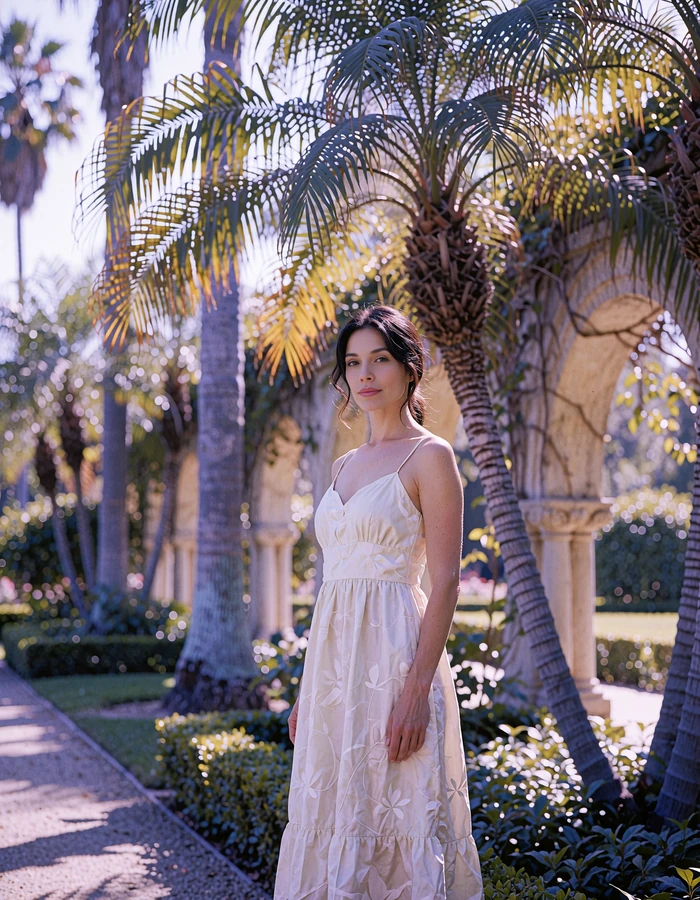 Refined woman in a cream sundress among palms and arched colonnades in Balboa Park - demonstration profile photo