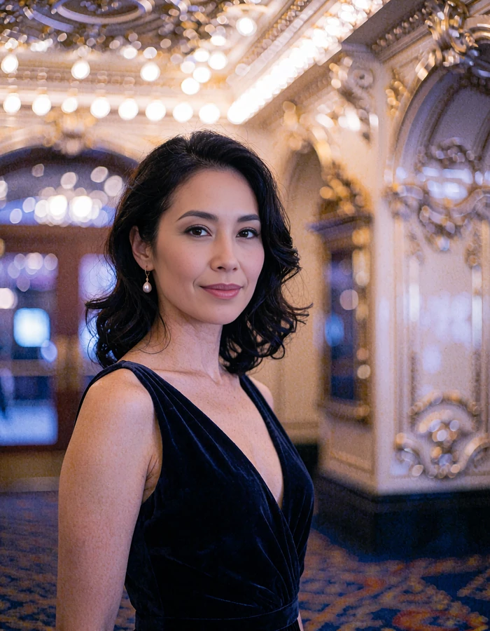 Woman with dark wavy hair and pearl earrings in a navy evening dress in a historic Chicago theater lobby - demonstration profile photo