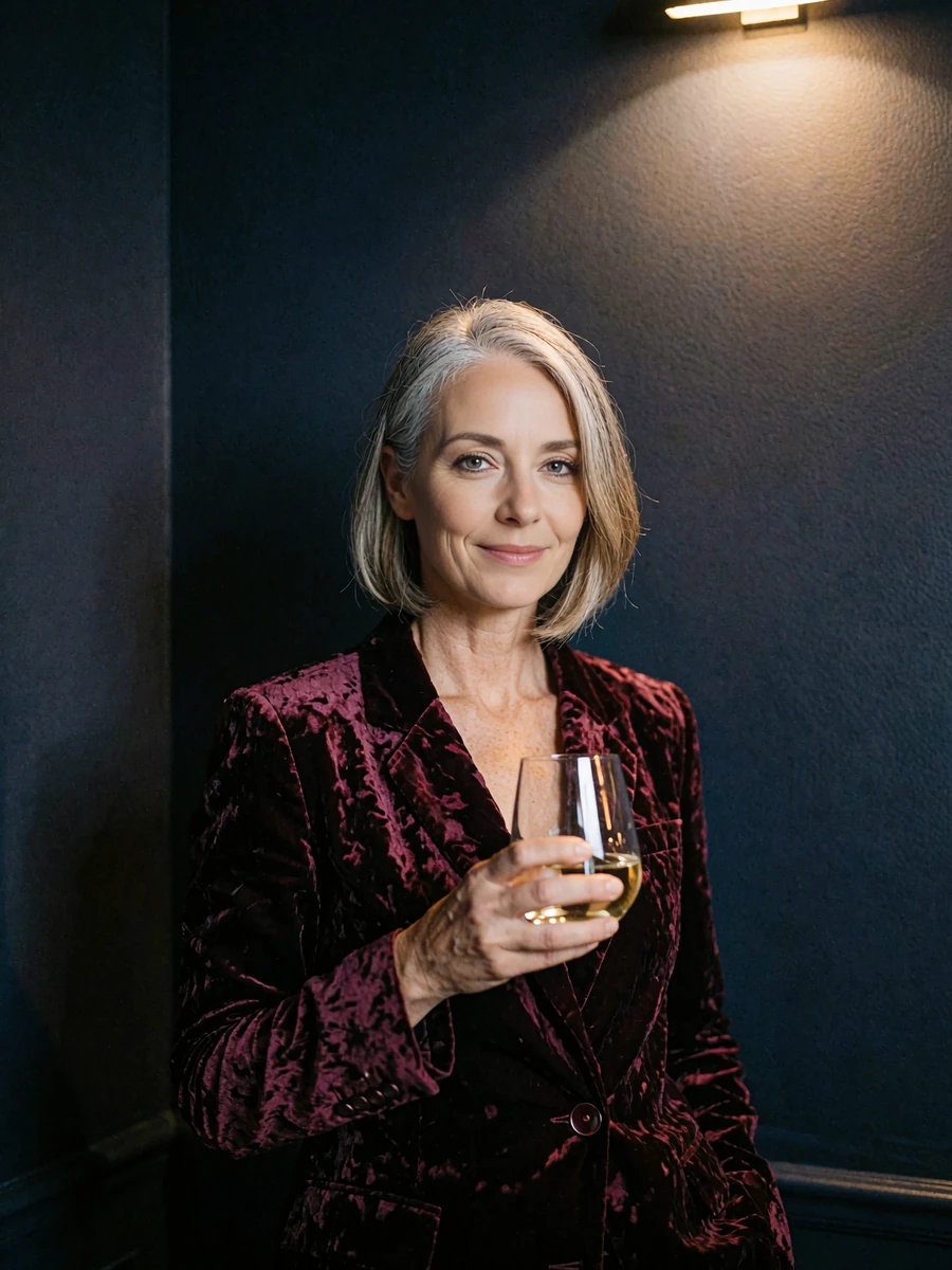Sophisticated woman in a burgundy velvet jacket in a private collector's lounge - illustrative member profile photo