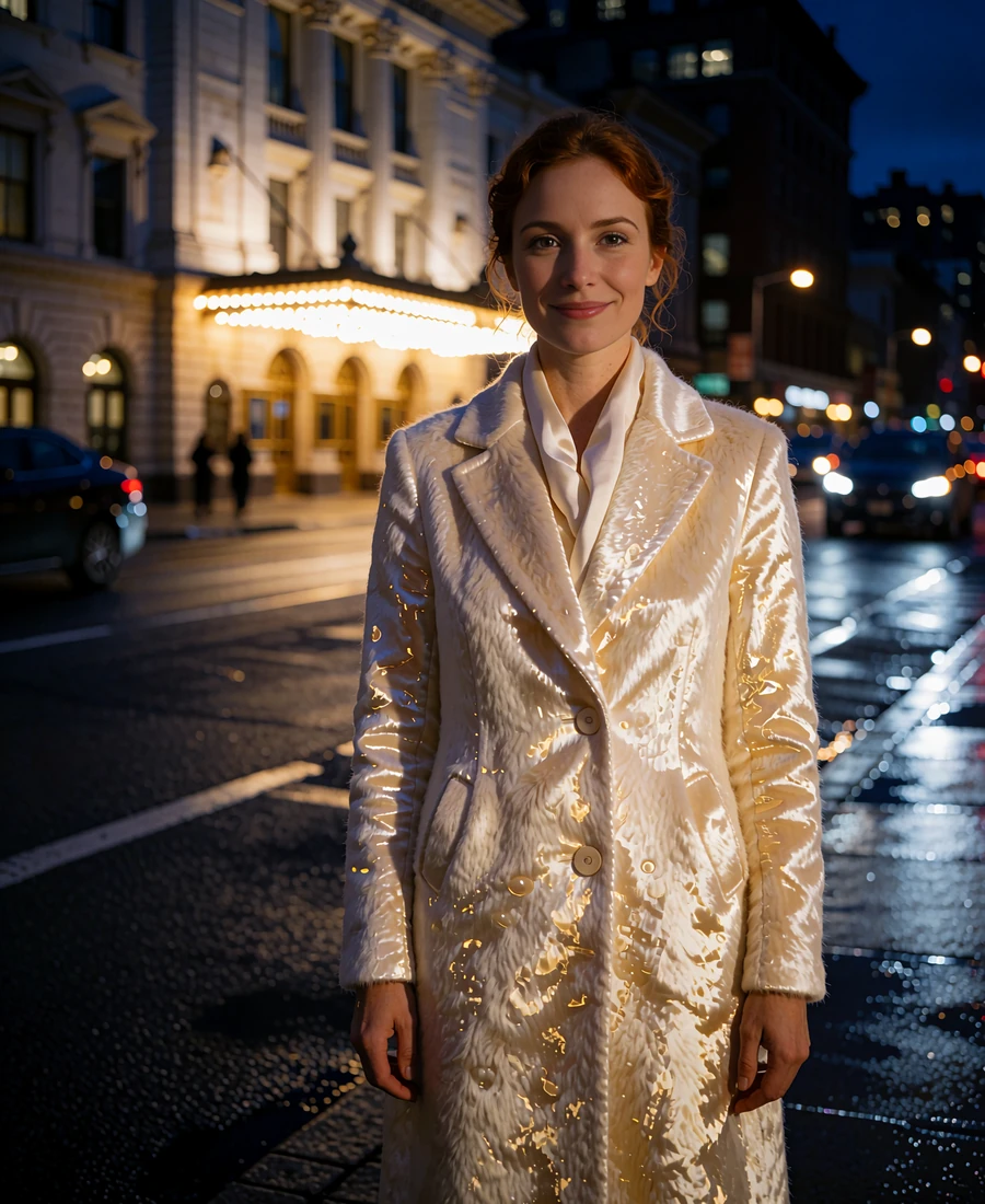 Woman with auburn hair in a pearl-toned coat in the Orlando performing arts district - demonstration profile photo