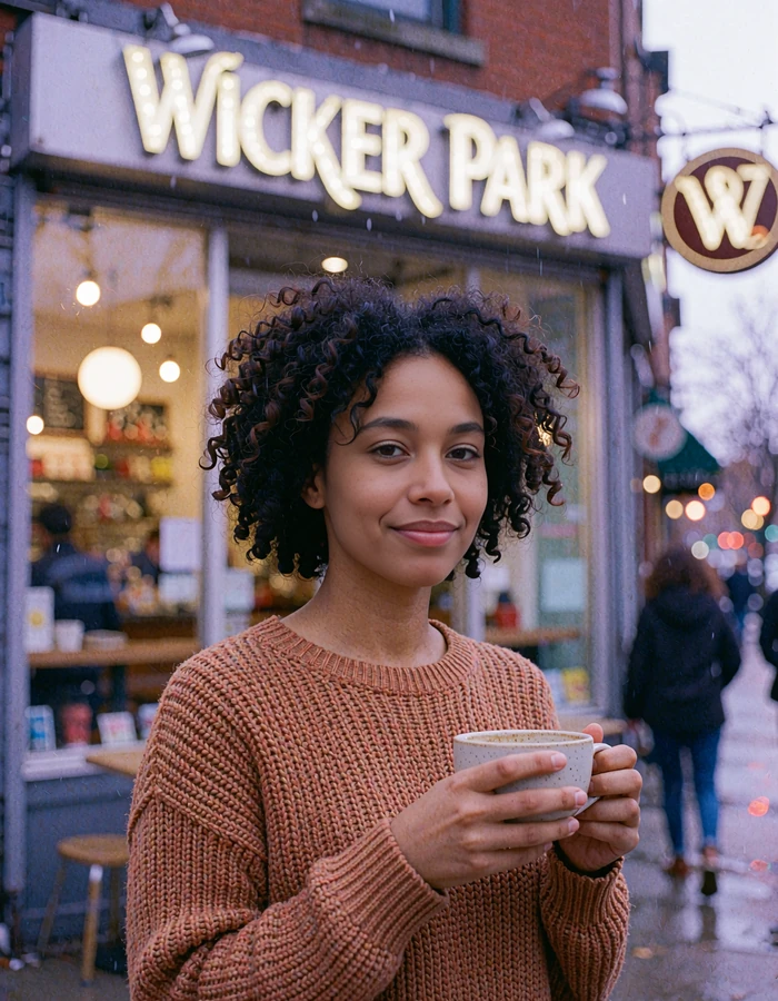 Woman with dark natural curls holding a coffee cup outside a Wicker Park shop - demonstration profile photo