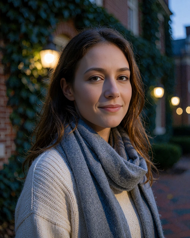 Young woman with long chestnut hair in a cream knit sweater near an ivy-covered brick campus wall at dusk - demonstration profile photo