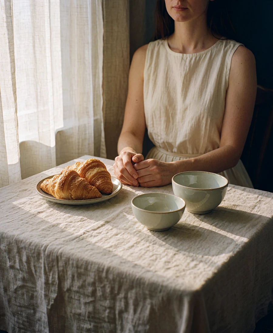 Woman in a cream dress seated at a linen-covered table by a sheer-curtained window with croissants and pale ceramic dishes, a calm unhurried morning