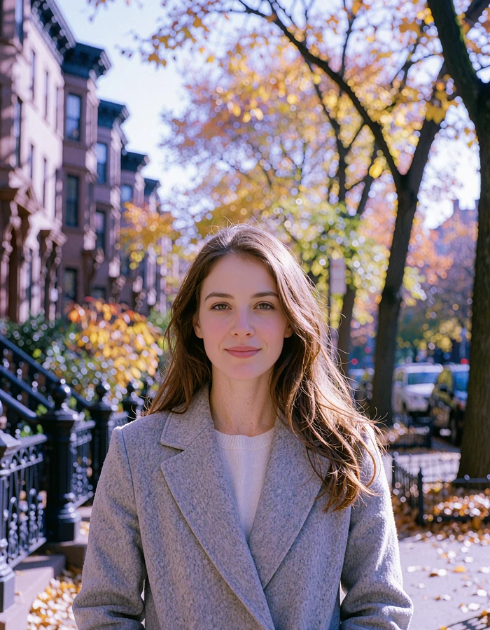 Young woman with long chestnut hair in a grey coat on a tree-lined Lincoln Park sidewalk in autumn - demonstration profile photo