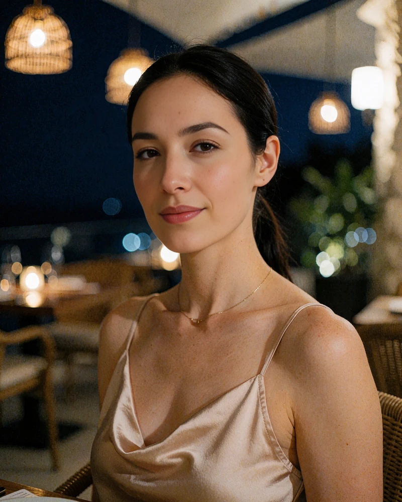 Woman with a sleek dark ponytail in a blush satin camisole on a restaurant terrace at night - demonstration profile photo