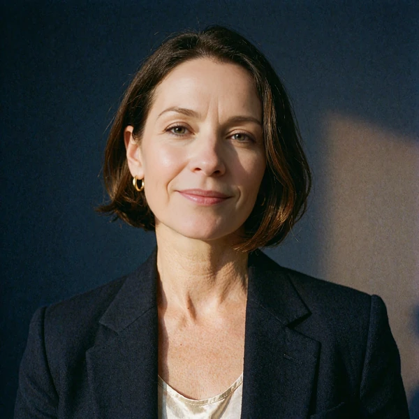 Portrait of a self-possessed woman with a glossy chin-length bob, representing an illustrative community voice