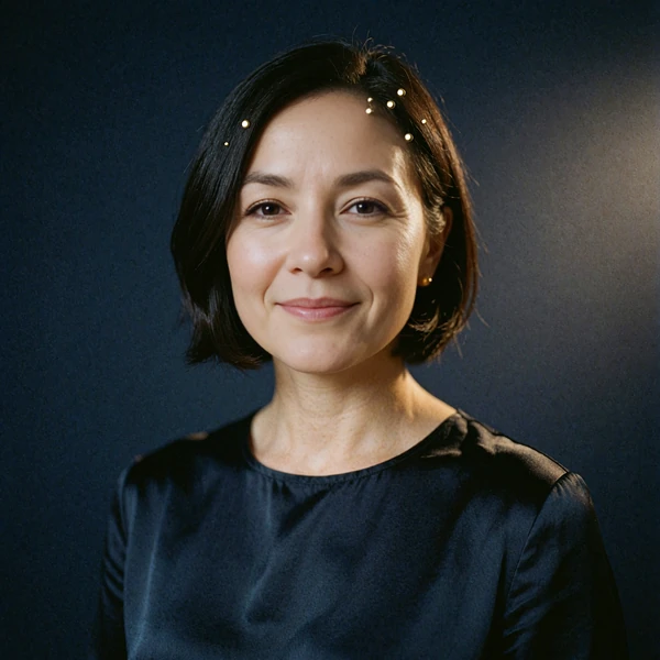 Portrait of a woman with a sleek dark bob smiling softly, representing an illustrative community voice