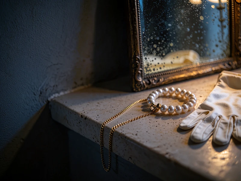 Slim gold chain, pearl cuff and folded ivory glove resting on a pale stone ledge in front of a softly reflective mirror