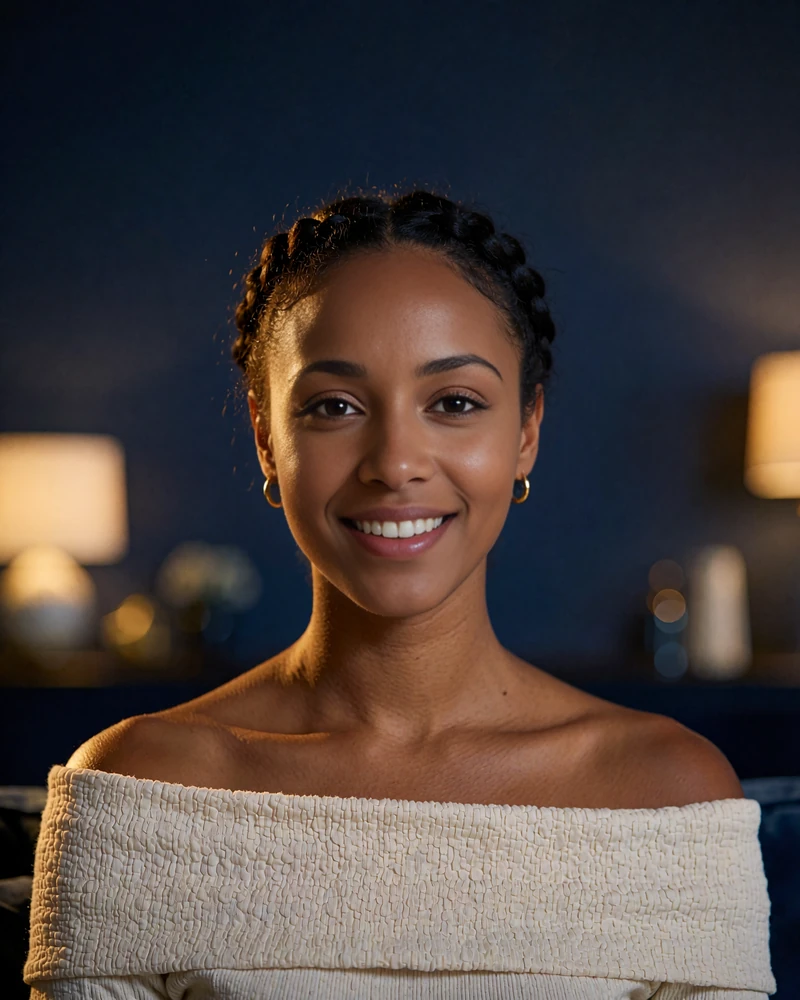 Woman with a neat braided updo and gold hoop earrings smiling warmly in a softly lit Atlanta hotel lobby at night - demonstration profile photo