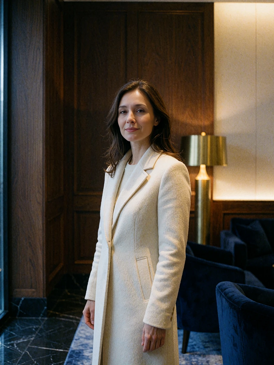 Poised woman in a tailored ivory wool coat standing in the quiet corner of an upscale hotel lobby - illustrative member profile photo