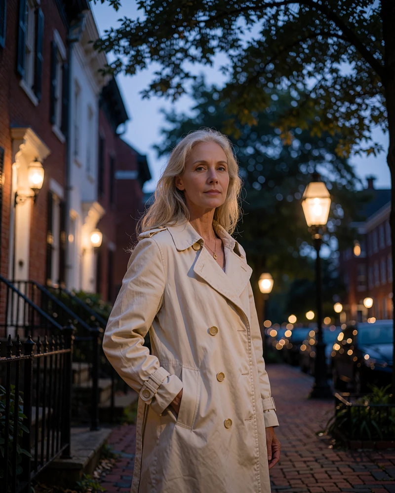 Ash-blonde woman in a cream trench coat on a lamplit German Village sidewalk in Columbus at dusk - demonstration profile photo