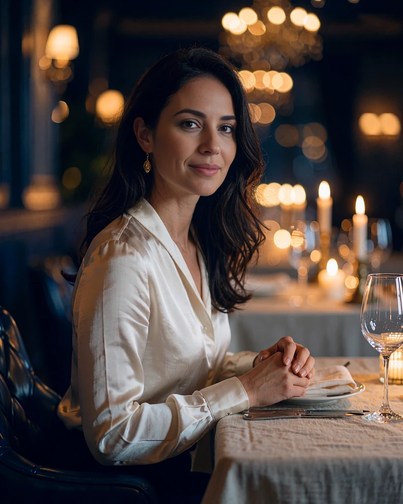 Woman with dark chocolate hair in an ivory silk blouse at a linen-set table in an upscale River Oaks restaurant - demonstration profile photo