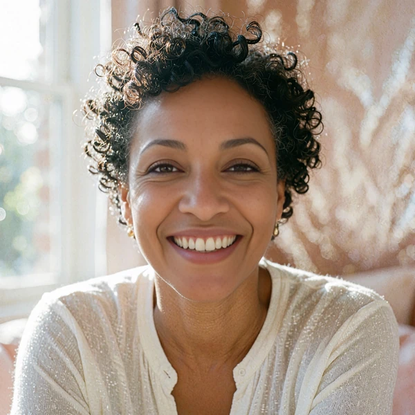 Portrait of a cheerful woman in a soft white shirt representing an illustrative community voice