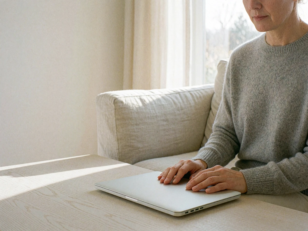 Woman in a grey cashmere sweater sitting calmly with a closed laptop in a bright minimalist apartment, illustrating private and discreet sugar dating