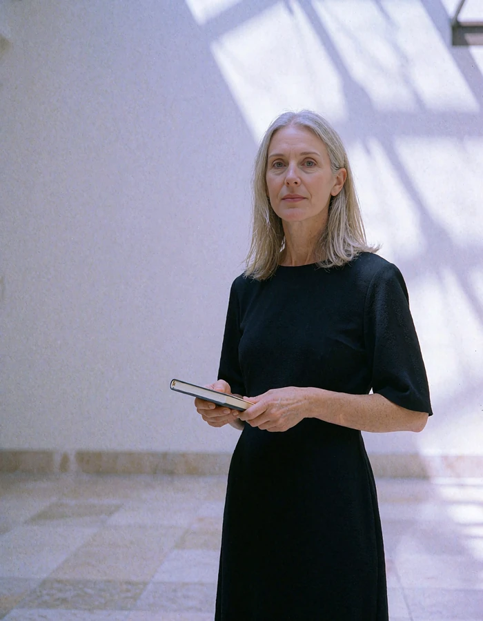 Poised ash-blonde woman in a black dress in a bright museum atrium in Chicago - demonstration profile photo