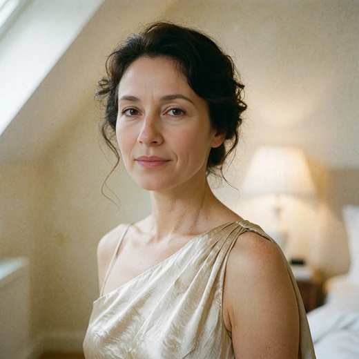 Close portrait of a composed woman in a champagne silk gown looking calmly toward the camera