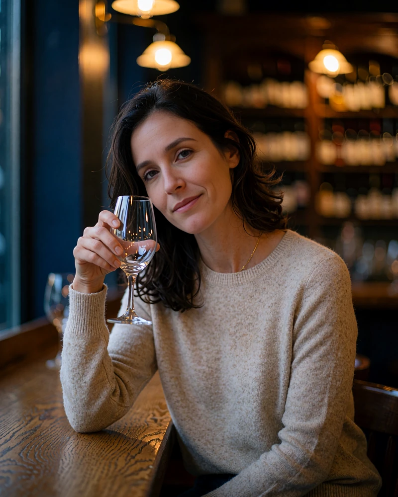 Woman with dark wavy hair in an oatmeal sweater seated at a Capitol Hill wine bar counter - demonstration profile photo