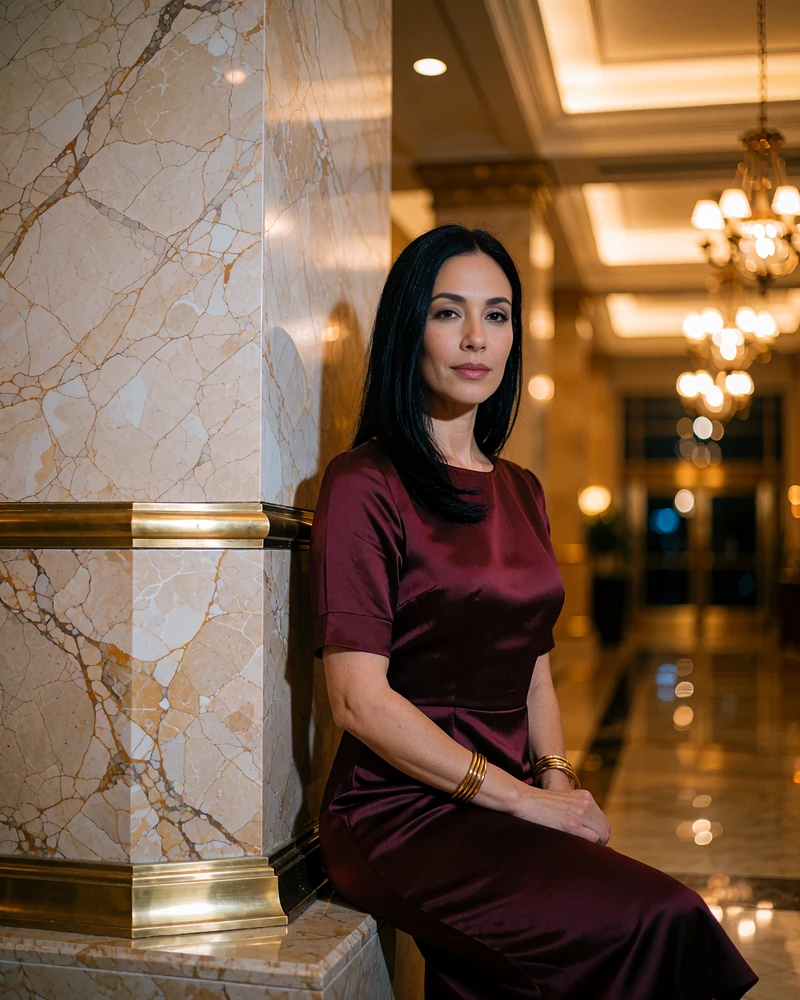Woman with sleek black hair in a tailored burgundy dress in a marble Houston hotel lobby - demonstration profile photo