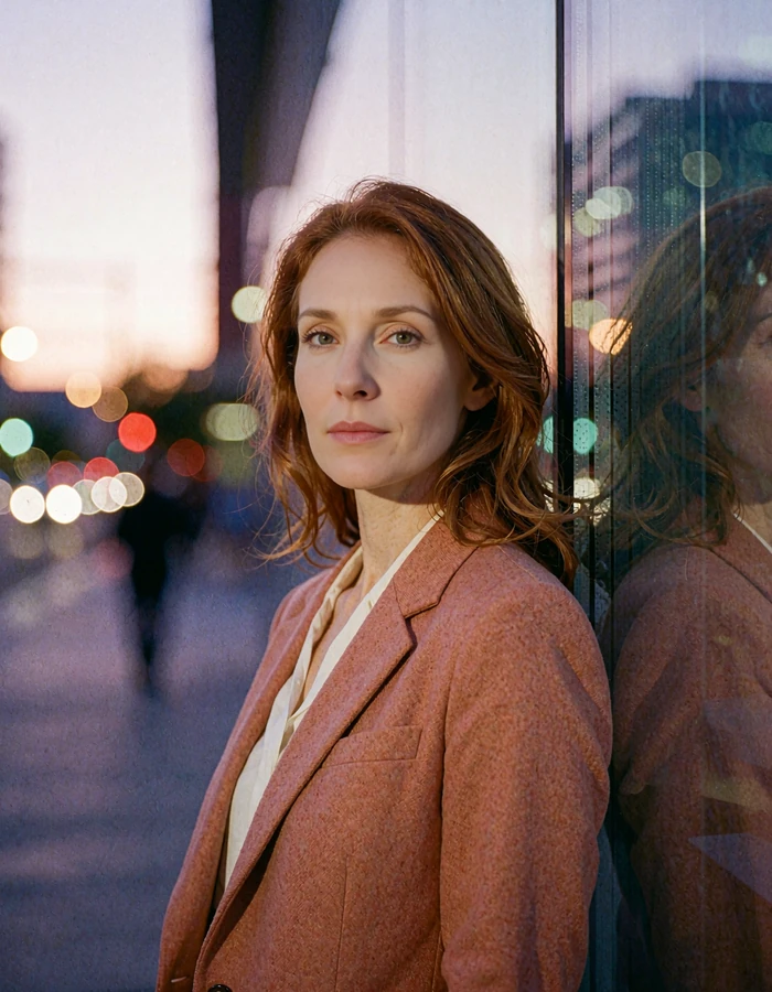 Auburn-haired woman in a terracotta blazer beside a glass facade in downtown Phoenix at dusk - demonstration profile photo