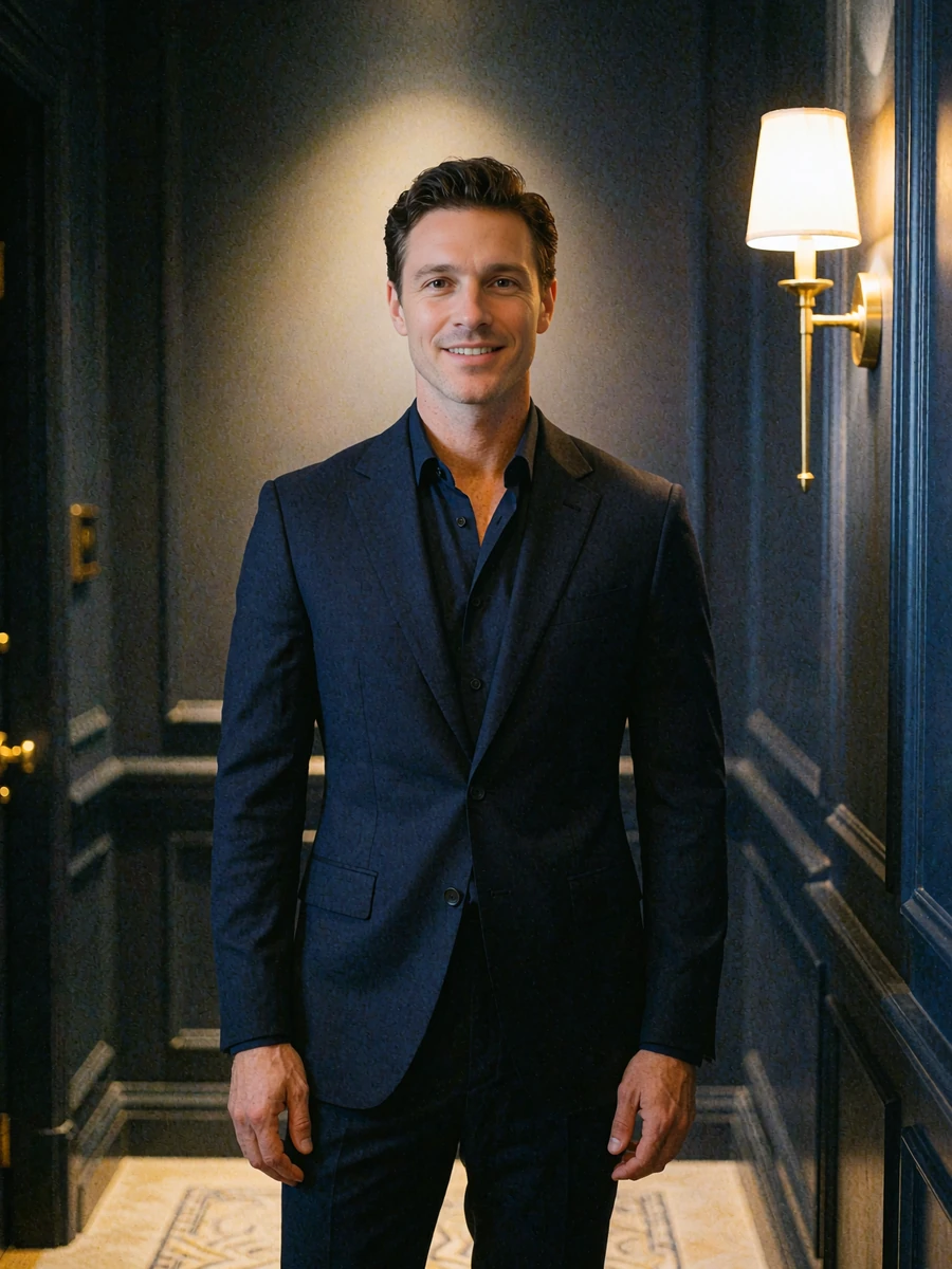 Well-groomed man in a tailored navy suit standing in a quiet hotel corridor - illustrative member profile photo