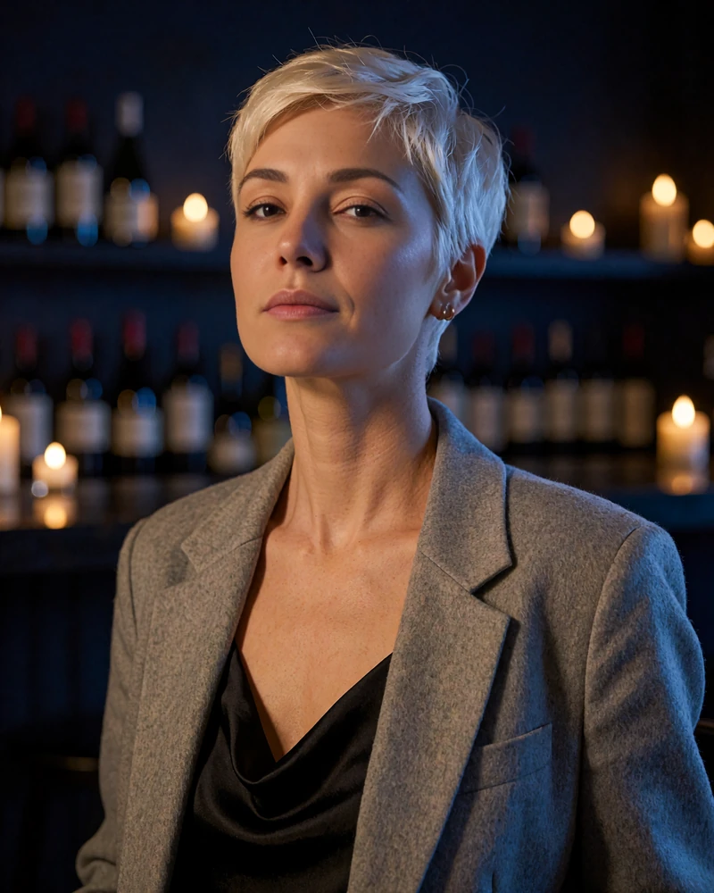 Woman with a platinum pixie cut and grey blazer in a candlelit Portland wine bar - demonstration profile photo