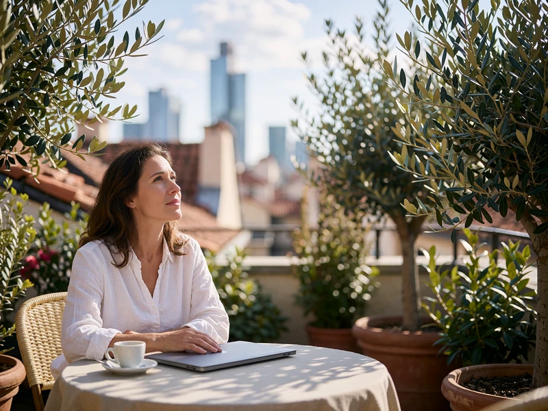 Woman in a white shirt working at a shaded rooftop terrace table with a closed laptop and espresso, looking toward the skyline