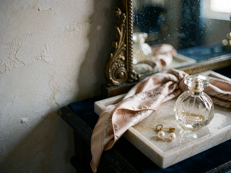 Still life of a perfume bottle, folded silk scarf and pearl earrings on a marble vanity tray before a first date
