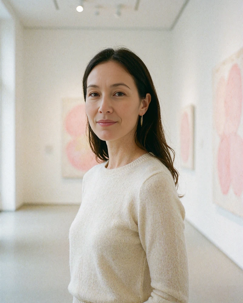 Woman in an ivory knit standing in a bright minimalist art gallery - illustrative sugar baby profile photo
