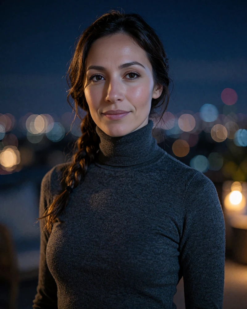 Athletic woman with a dark side braid in a charcoal turtleneck on a rooftop terrace at night - demonstration profile photo
