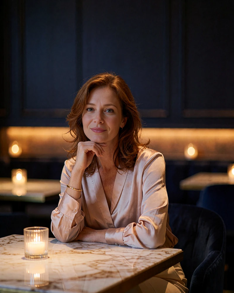 Auburn-haired woman in a blush blouse seated at a marble table in a Columbus hotel lounge - demonstration profile photo