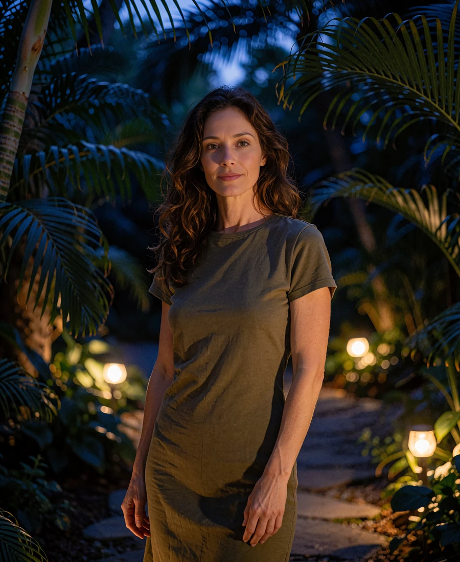 Woman in an olive dress standing in a lush evening garden in San Antonio - illustrative profile photo