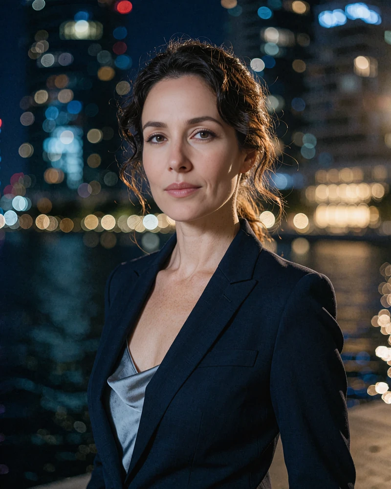 Woman with dark wavy hair in a navy blazer near the waterfront district at night - demonstration profile photo