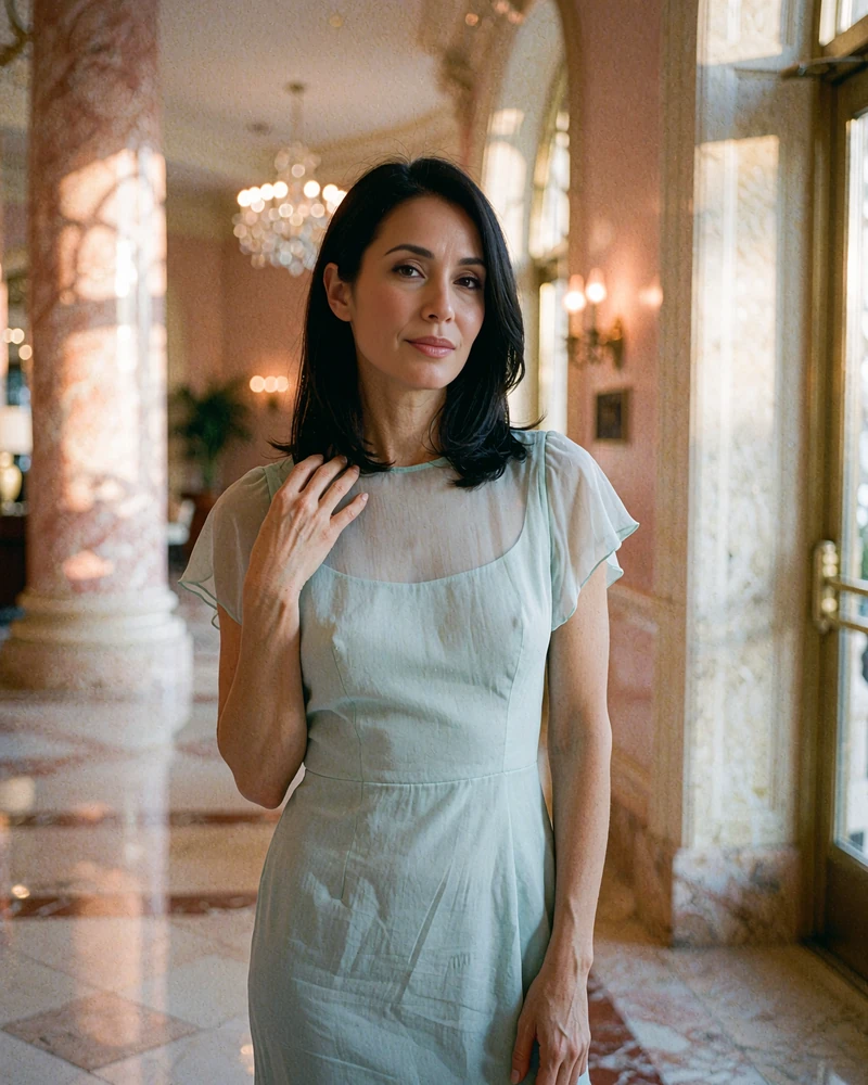 Elegant woman in a pale blue evening dress in a softly lit hotel lobby - illustrative member profile photo