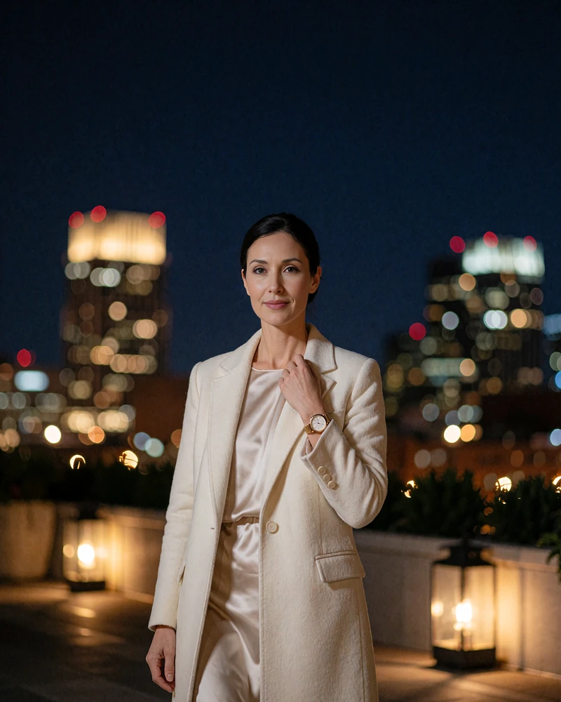Woman with a sleek dark chignon in an ivory wool coat on a Nashville hotel terrace at night - demonstration profile photo