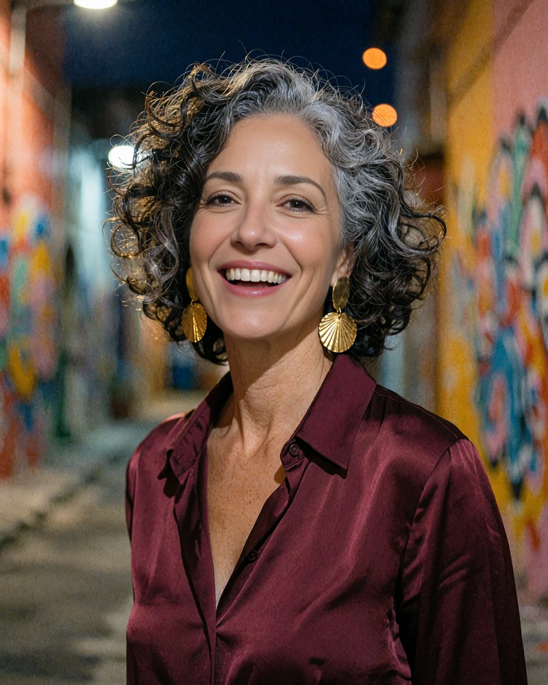 Vibrant woman in her early fifties with silver-streaked curls in a burgundy silk shirt on a Wynwood street at night - demonstration profile photo