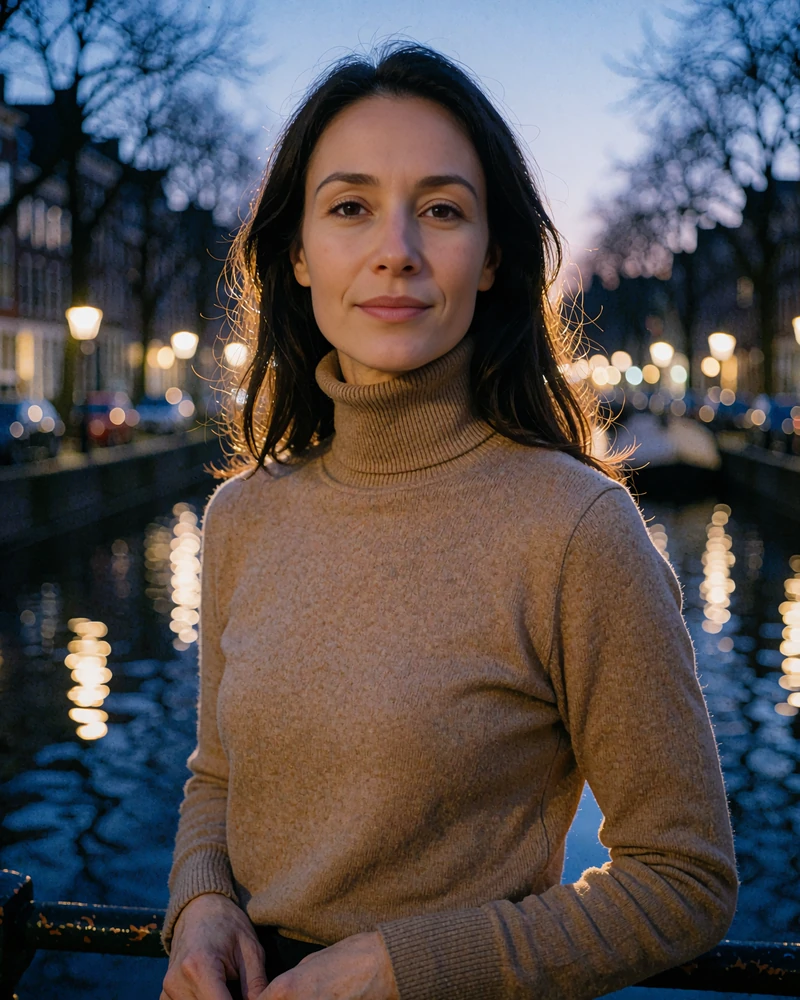 Woman with long dark hair in a camel turtleneck on the Indianapolis Canal Walk at blue hour - demonstration profile photo