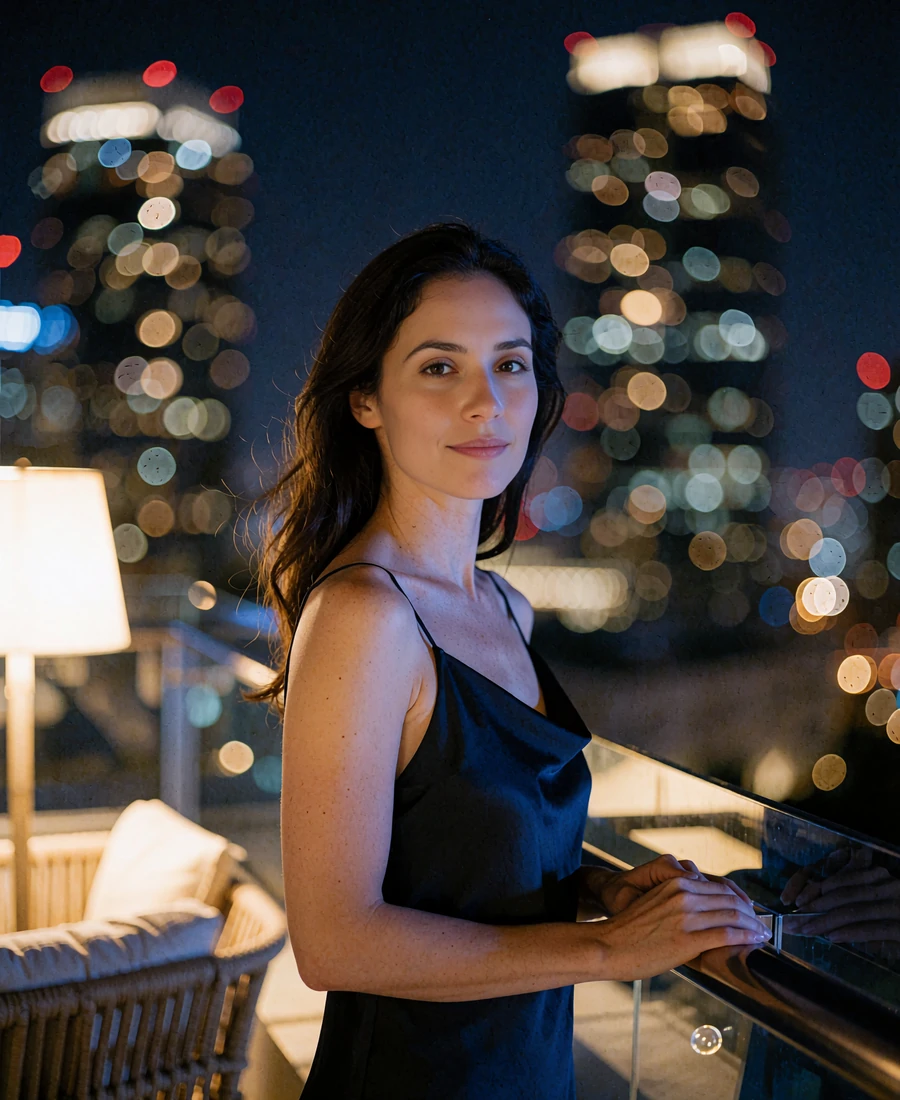 Poised woman in a dark silk slip dress at a New York rooftop lounge railing at night - illustrative demonstration profile