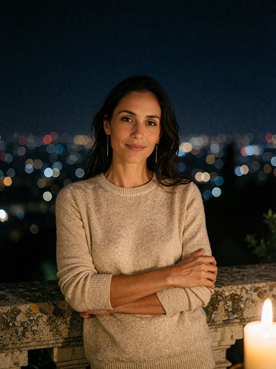 Warm-featured woman with gold drop earrings leaning against a stone terrace balustrade above a city at night - illustrative member profile photo