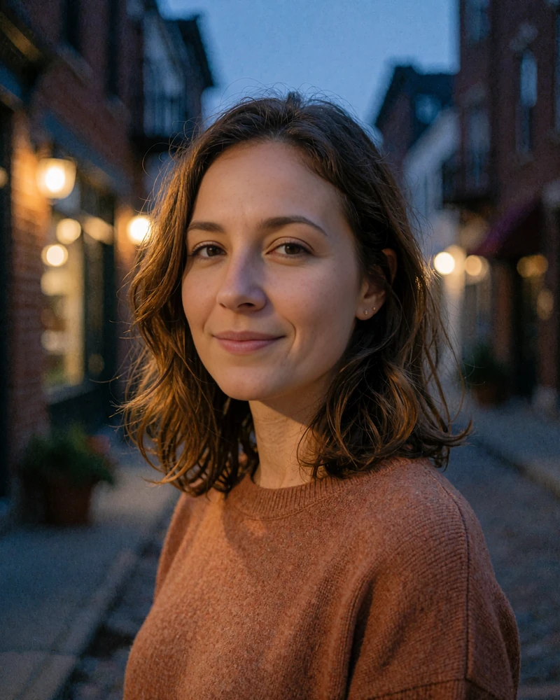 Young woman with shoulder-length chestnut hair in a rust sweater near the Mass Ave arts district at dusk - demonstration profile photo