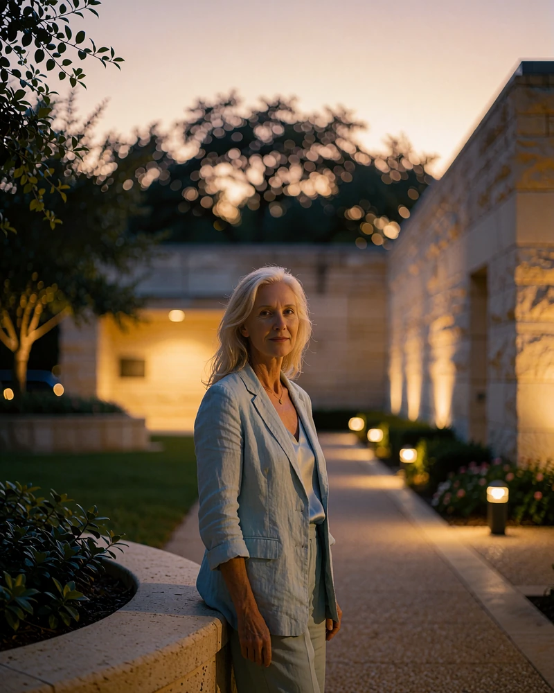 Blonde woman in a pale blue linen blazer in a Houston museum courtyard at dusk - demonstration profile photo