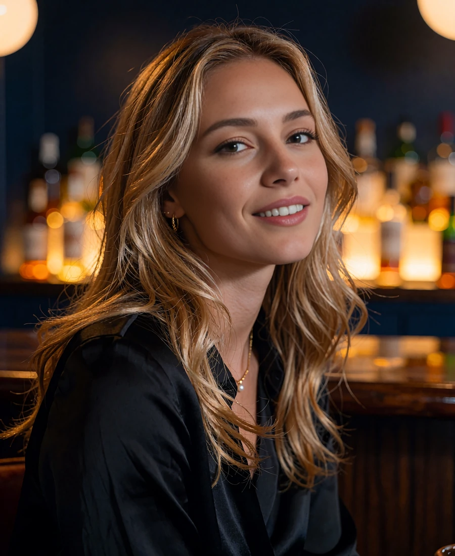 Young woman with long caramel-blonde waves in a black silk top at an Uptown Dallas cocktail lounge - demonstration profile photo