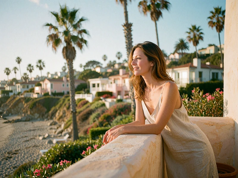 Woman in a linen slip dress leaning on a warm stucco terrace ledge with palm silhouettes and pastel hillside houses behind her in Los Angeles